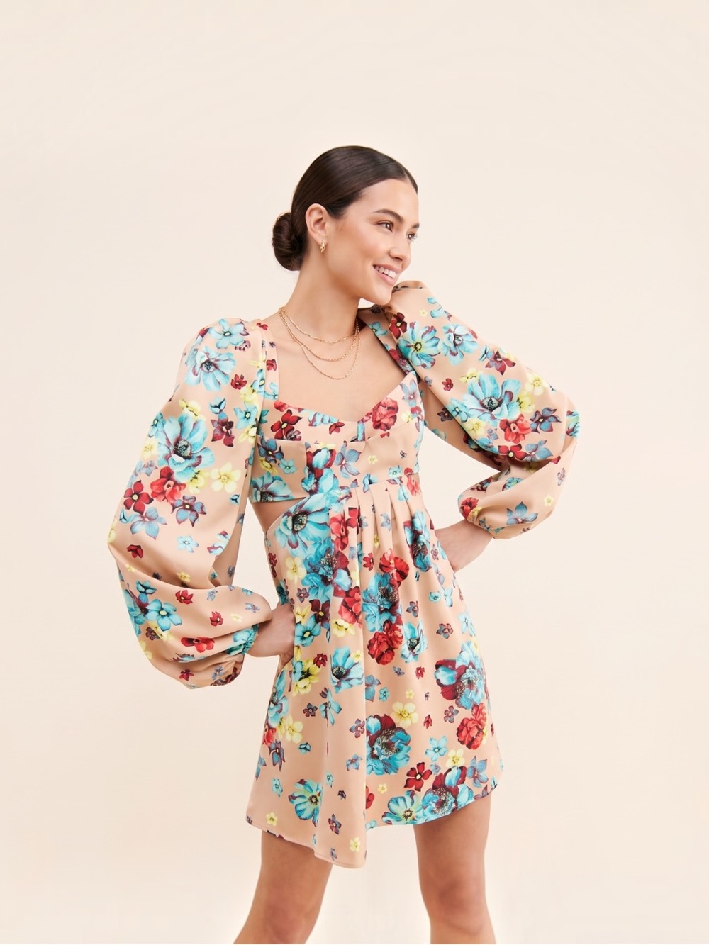 AFRM Anita Sweetheart Cutout Minidress NWT Aqua Bouquet Floral Long Sleeve S